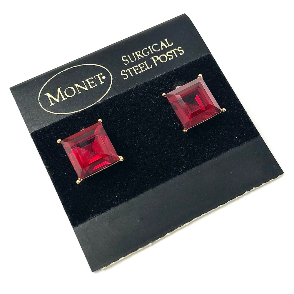 Vintage Monet emerald cut ruby crystal pierced earrings - NWT